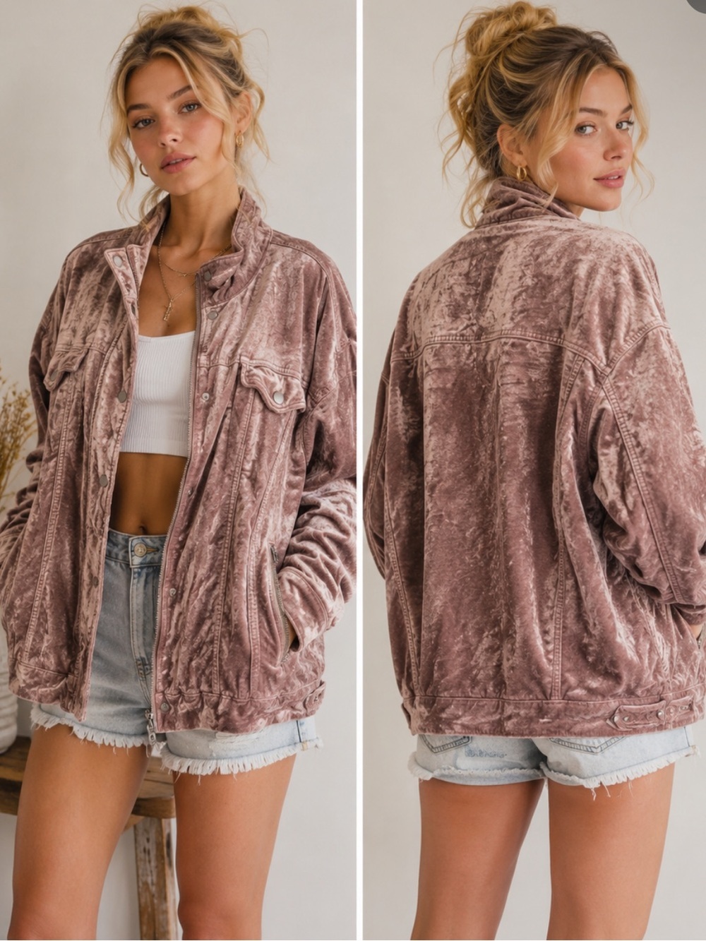 Free People Crushed Velvet Trucker Jacket Rose Gold Blush Oversized nbnn